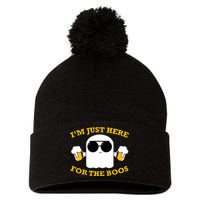 I'm Just Here for the Boos Funny Halloween Beer Ghost Emoji Pom Pom 12in Knit Beanie