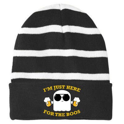 I'm Just Here for the Boos Funny Halloween Beer Ghost Emoji Striped Beanie with Solid Band