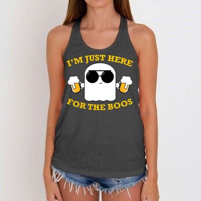 I'm Just Here for the Boos Funny Halloween Beer Ghost Emoji Women's Knotted Racerback Tank