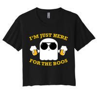 I'm Just Here for the Boos Funny Halloween Beer Ghost Emoji Women's Crop Top Tee