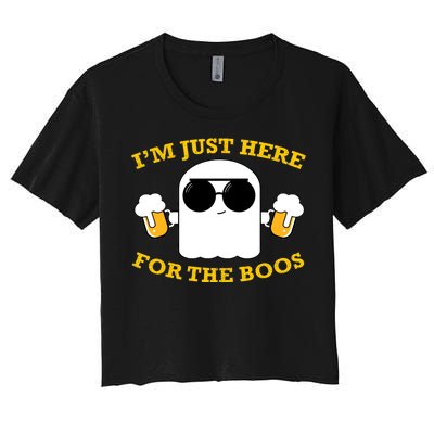 I'm Just Here for the Boos Funny Halloween Beer Ghost Emoji Women's Crop Top Tee