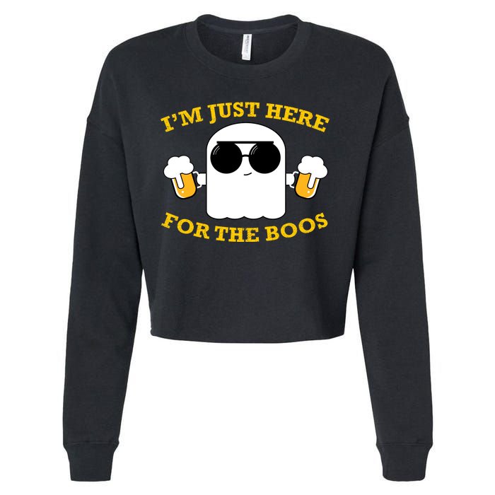 I'm Just Here for the Boos Funny Halloween Beer Ghost Emoji Cropped Pullover Crew