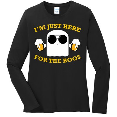 I'm Just Here for the Boos Funny Halloween Beer Ghost Emoji Ladies Long Sleeve Shirt