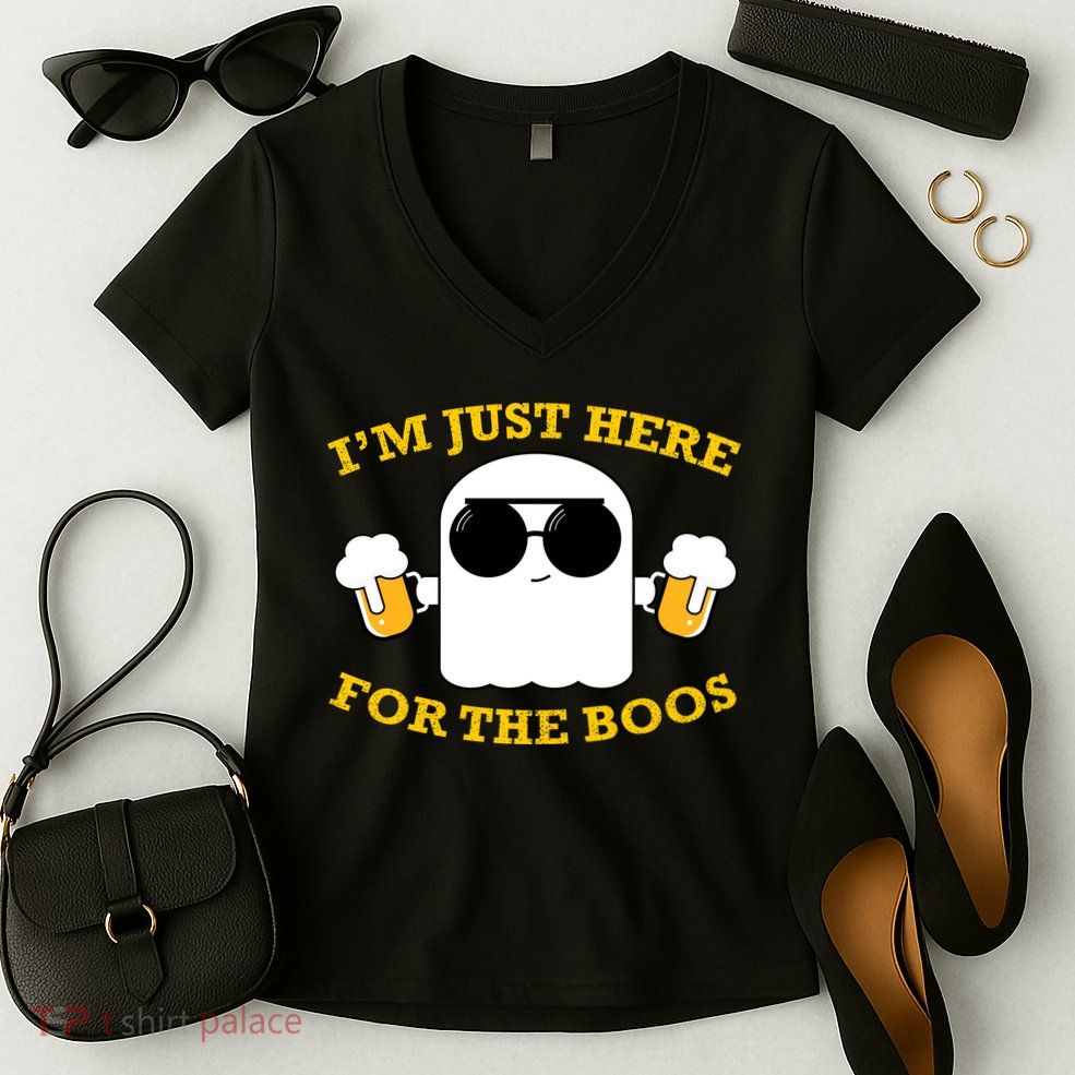 I'm Just Here for the Boos Funny Halloween Beer Ghost Emoji Women's V-Neck T-Shirt
