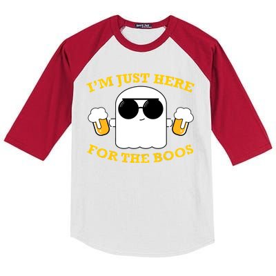 I'm Just Here for the Boos Funny Halloween Beer Ghost Emoji Kids Colorblock Raglan Jersey