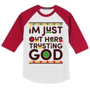 I'm Just Out Here Trusting God Traditional Colors Kids Colorblock Raglan Jersey