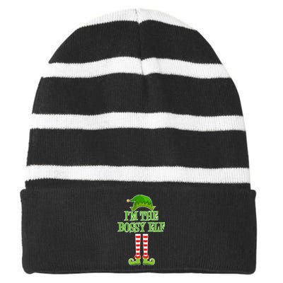 I'm The Bossy Elf Matching Family Christmas Striped Beanie with Solid Band