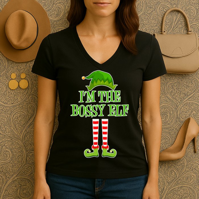 I'm The Bossy Elf Matching Family Christmas Women's V-Neck T-Shirt