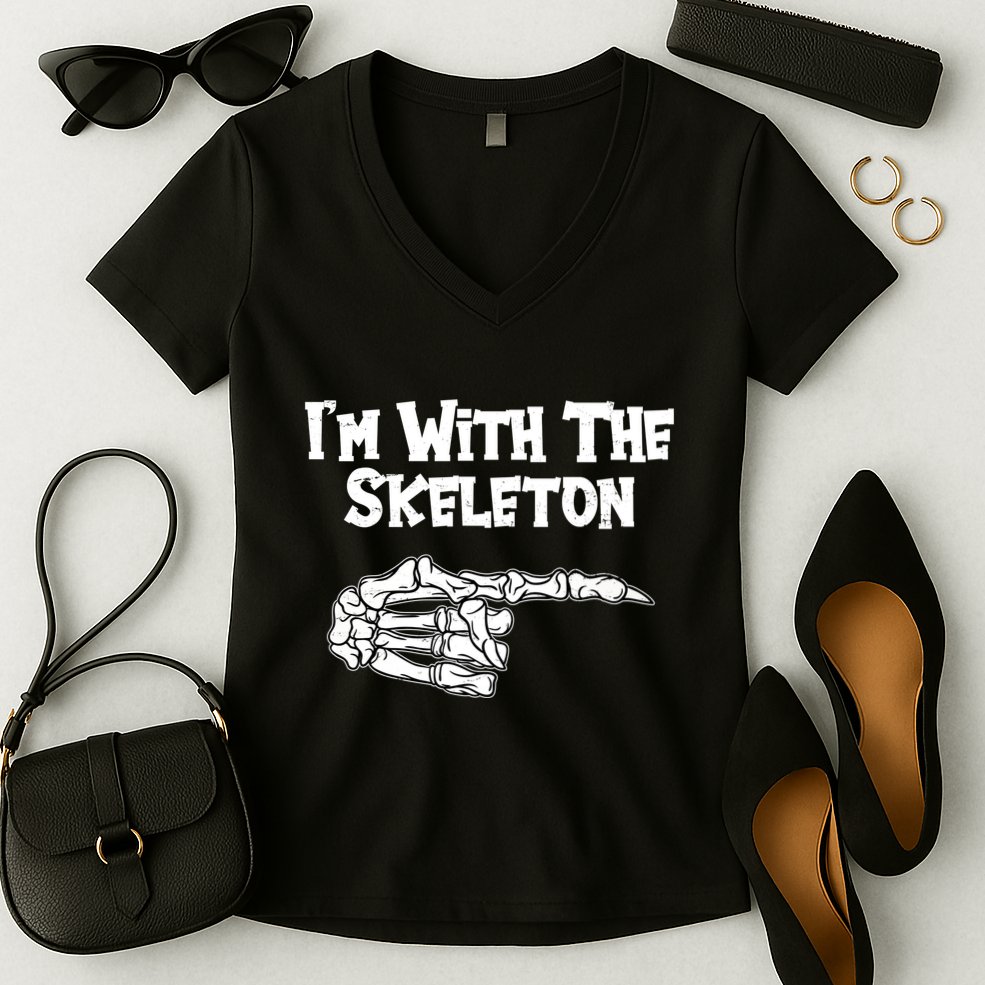 I'm With The Skeleton Funny Halloween Women's V-Neck T-Shirt