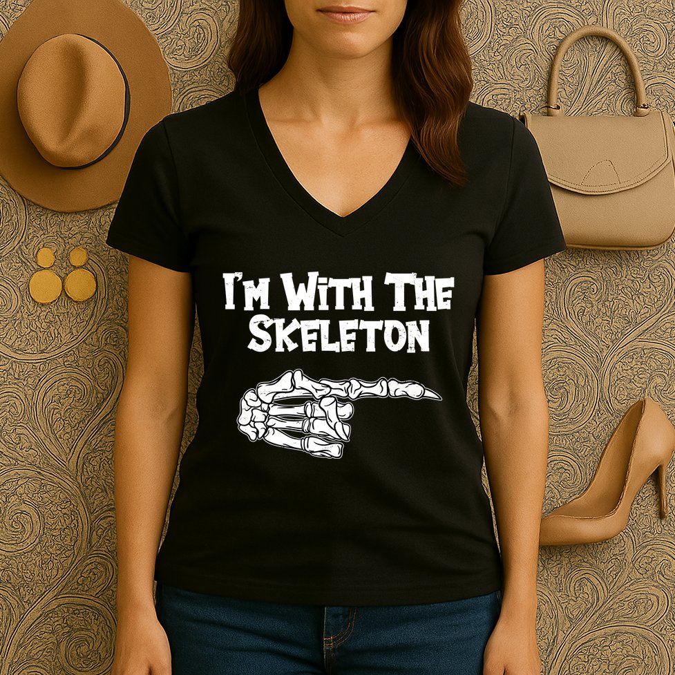 I'm With The Skeleton Funny Halloween Women's V-Neck T-Shirt