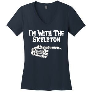 I'm With The Skeleton Funny Halloween Women's V-Neck T-Shirt