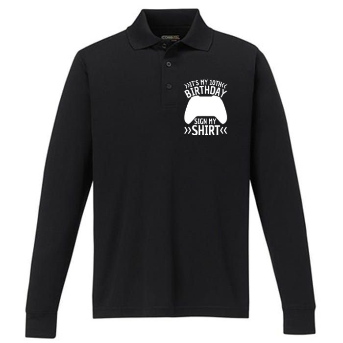 It's My 10th Birthday Sign My 10 Years Old Boy Gamer Performance Long Sleeve Polo