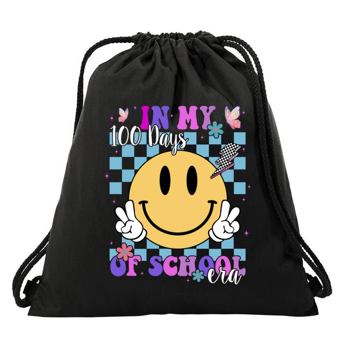 In My 100 Days Of School Era Retro Groovy Smile Drawstring Bag