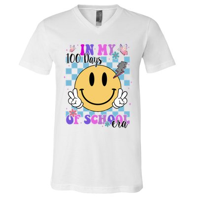 In My 100 Days Of School Era Retro Groovy Smile V-Neck T-Shirt