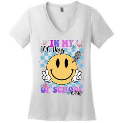 In My 100 Days Of School Era Retro Groovy Smile Women's V-Neck T-Shirt