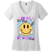 In My 100 Days Of School Era Retro Groovy Smile Women's V-Neck T-Shirt