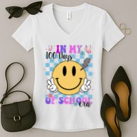 In My 100 Days Of School Era Retro Groovy Smile Women's V-Neck T-Shirt