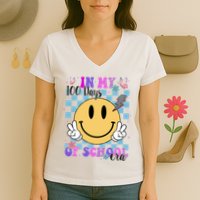 In My 100 Days Of School Era Retro Groovy Smile Women's V-Neck T-Shirt