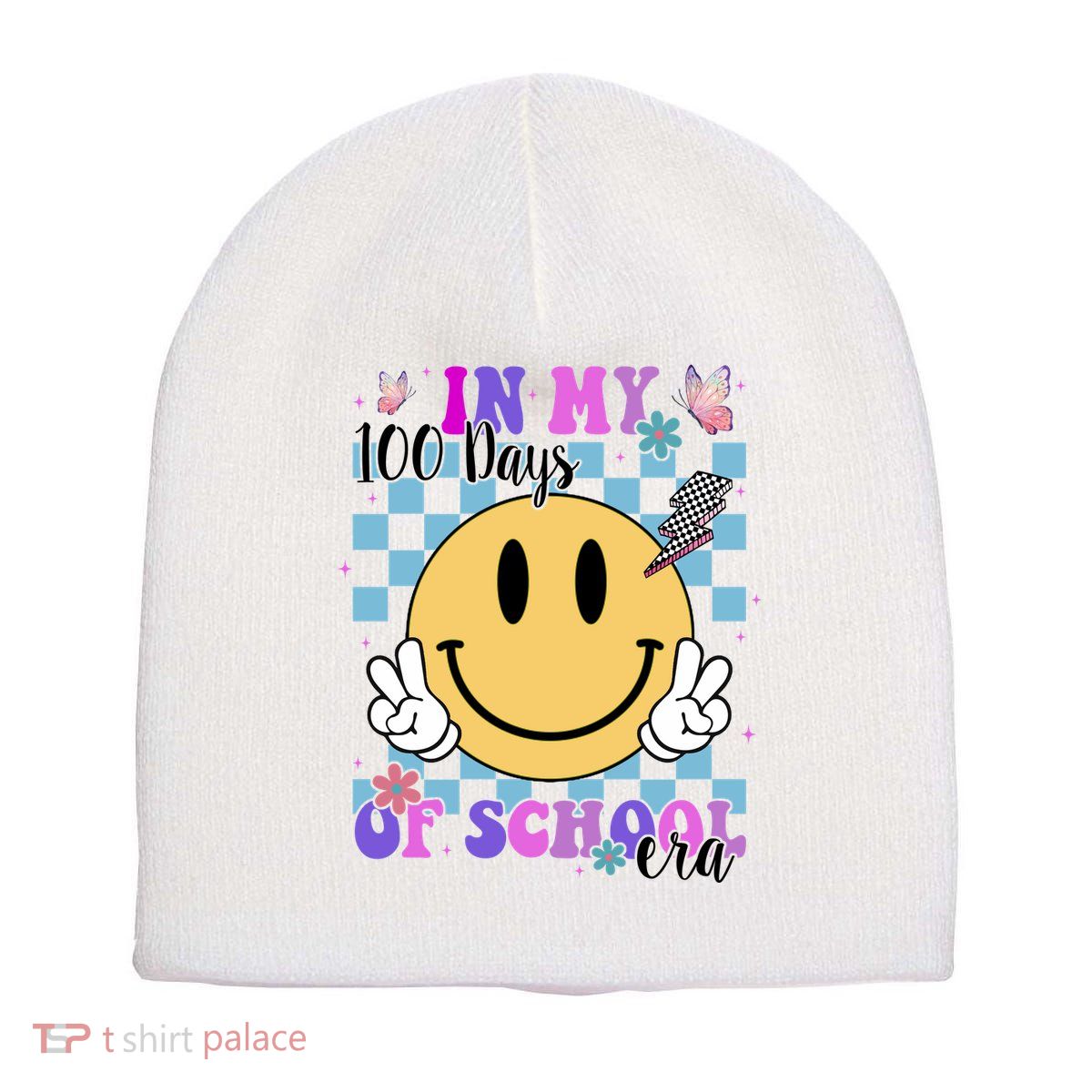 In My 100 Days Of School Era Retro Groovy Smile Short Acrylic Beanie