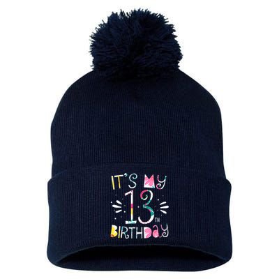 It's My 13th Birthday Tropical Floral 13 Year Old Girl Pom Pom 12in Knit Beanie