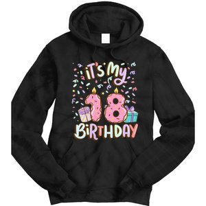 ItS My 18th Birthday Cake Donut 18 Year Old Confetti Tie Dye Hoodie