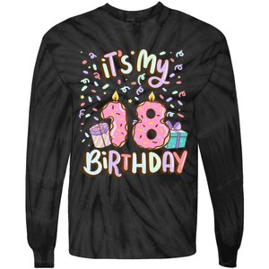 ItS My 18th Birthday Cake Donut 18 Year Old Confetti Tie-Dye Long Sleeve Shirt