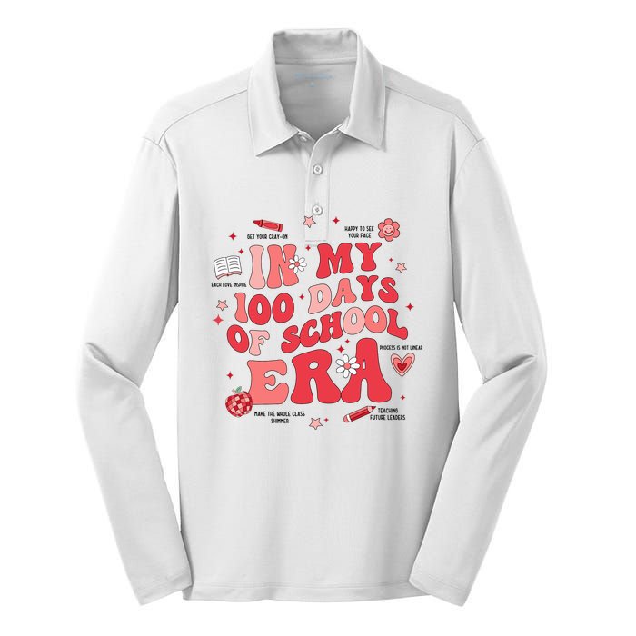 In My 100 Days Of School Era Retro Groovy 100th Day Teachers Silk Touch Performance Long Sleeve Polo