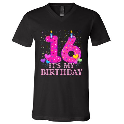 It's My 16th Birthday Sweet donut Happy 16 Year Old V-Neck T-Shirt