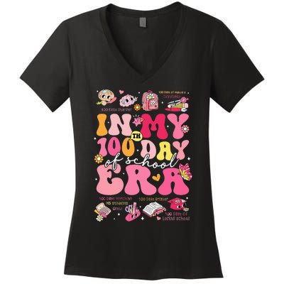 In My 100 Days Of School Era Groovy Retro Student Teacher Women's V-Neck T-Shirt