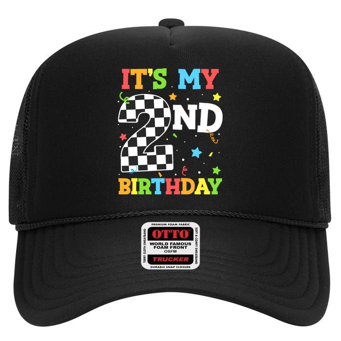 ItS My 2nd Birthday Boy 2 Two Racing Car Flag Race Car High Crown Mesh Back Trucker Hat