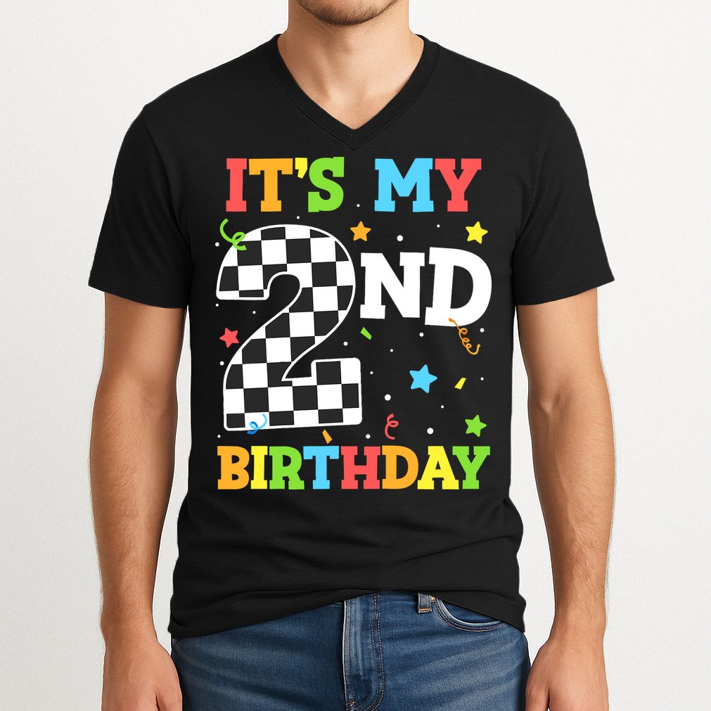 ItS My 2nd Birthday Boy 2 Two Racing Car Flag Race Car V-Neck T-Shirt