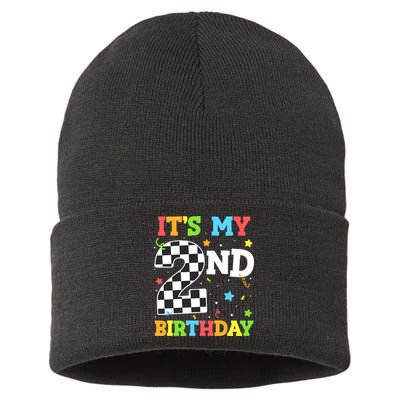 ItS My 2nd Birthday Boy 2 Two Racing Car Flag Race Car Sustainable Knit Beanie