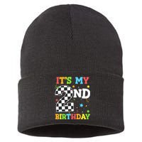 ItS My 2nd Birthday Boy 2 Two Racing Car Flag Race Car Sustainable Knit Beanie