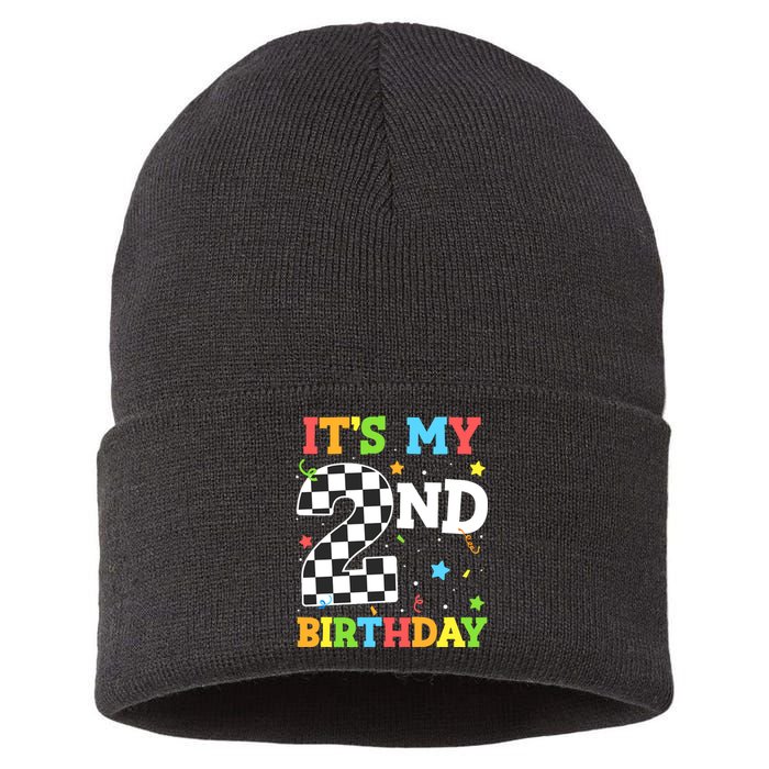 ItS My 2nd Birthday Boy 2 Two Racing Car Flag Race Car Sustainable Knit Beanie