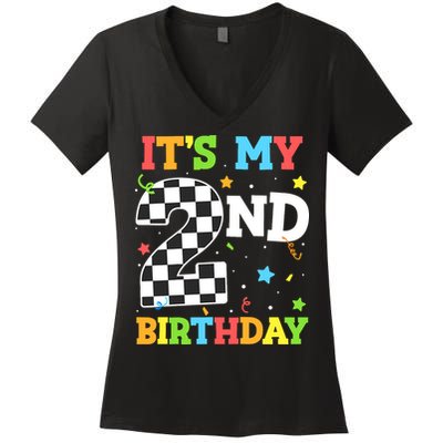ItS My 2nd Birthday Boy 2 Two Racing Car Flag Race Car Women's V-Neck T-Shirt