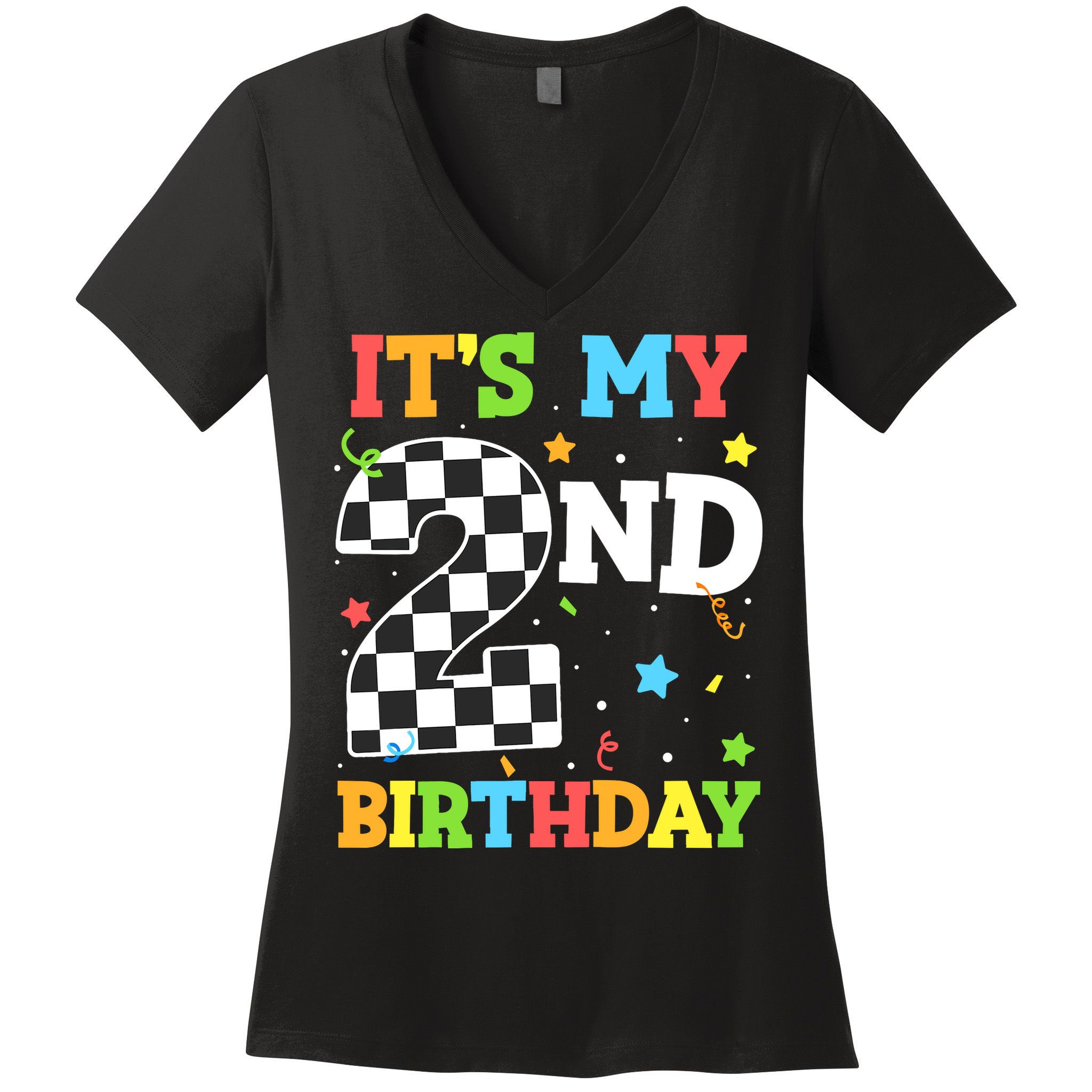 ItS My 2nd Birthday Boy 2 Two Racing Car Flag Race Car Women's V-Neck T-Shirt