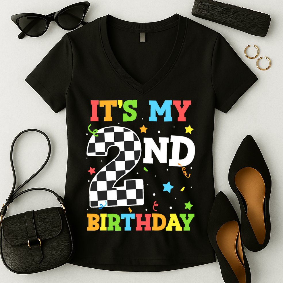 ItS My 2nd Birthday Boy 2 Two Racing Car Flag Race Car Women's V-Neck T-Shirt