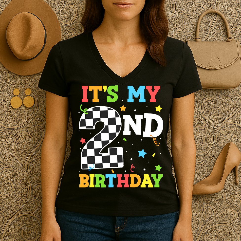 ItS My 2nd Birthday Boy 2 Two Racing Car Flag Race Car Women's V-Neck T-Shirt