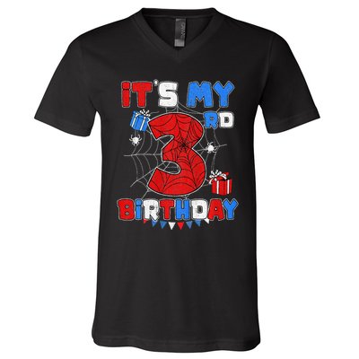 ItS My 3rd Birthday Spider Theme Party 3 Year Old V-Neck T-Shirt