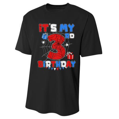 ItS My 3rd Birthday Spider Theme Party 3 Year Old Performance Sprint T-Shirt