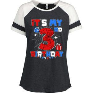 ItS My 3rd Birthday Spider Theme Party 3 Year Old Boy Enza Ladies Jersey Colorblock Tee