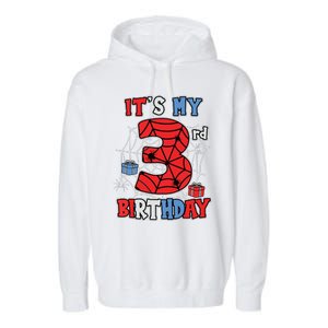 Its My 3rd Birthday Spider Theme Party 3 Year Old Boy Garment-Dyed Fleece Hoodie