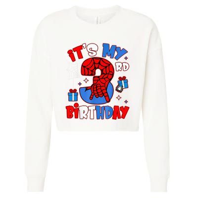 ItS My 3rd Birthday Spider Theme Party Boy Birthday Cropped Pullover Crew