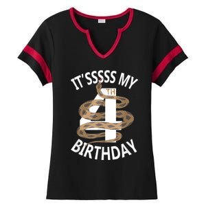 Its My 4th Birthday 4 Years Old Snake Boy And Girl Party Ladies Halftime Notch Neck Tee