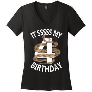 Its My 4th Birthday 4 Years Old Snake Boy And Girl Party Women's V-Neck T-Shirt