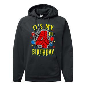 Its My 4th Birthday Spider Theme Party Turning 4yr Performance Fleece Hoodie