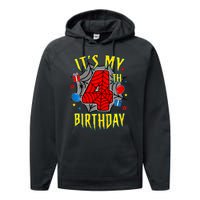 Its My 4th Birthday Spider Theme Party Turning 4yr Performance Fleece Hoodie