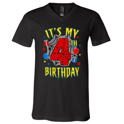 Its My 4th Birthday Spider Theme Party Turning 4yr V-Neck T-Shirt