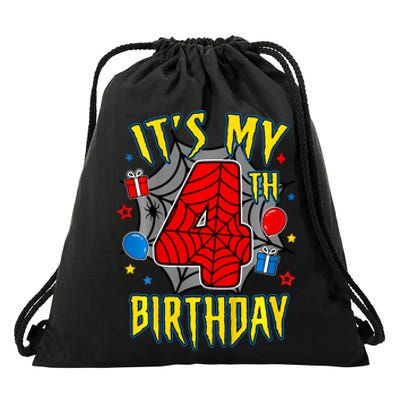 Its My 4th Birthday Spider Theme Party Turning 4yr Drawstring Bag