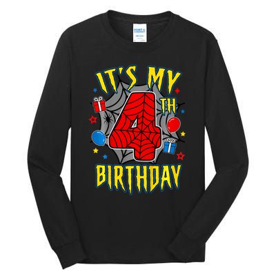 Its My 4th Birthday Spider Theme Party Turning 4yr Tall Long Sleeve T-Shirt